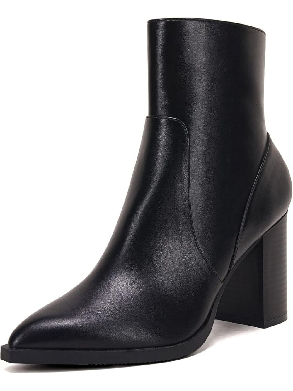 Women's Black Chunky Stacked Heel Side Zipper Pointed Toe Stylish Ankle Booties